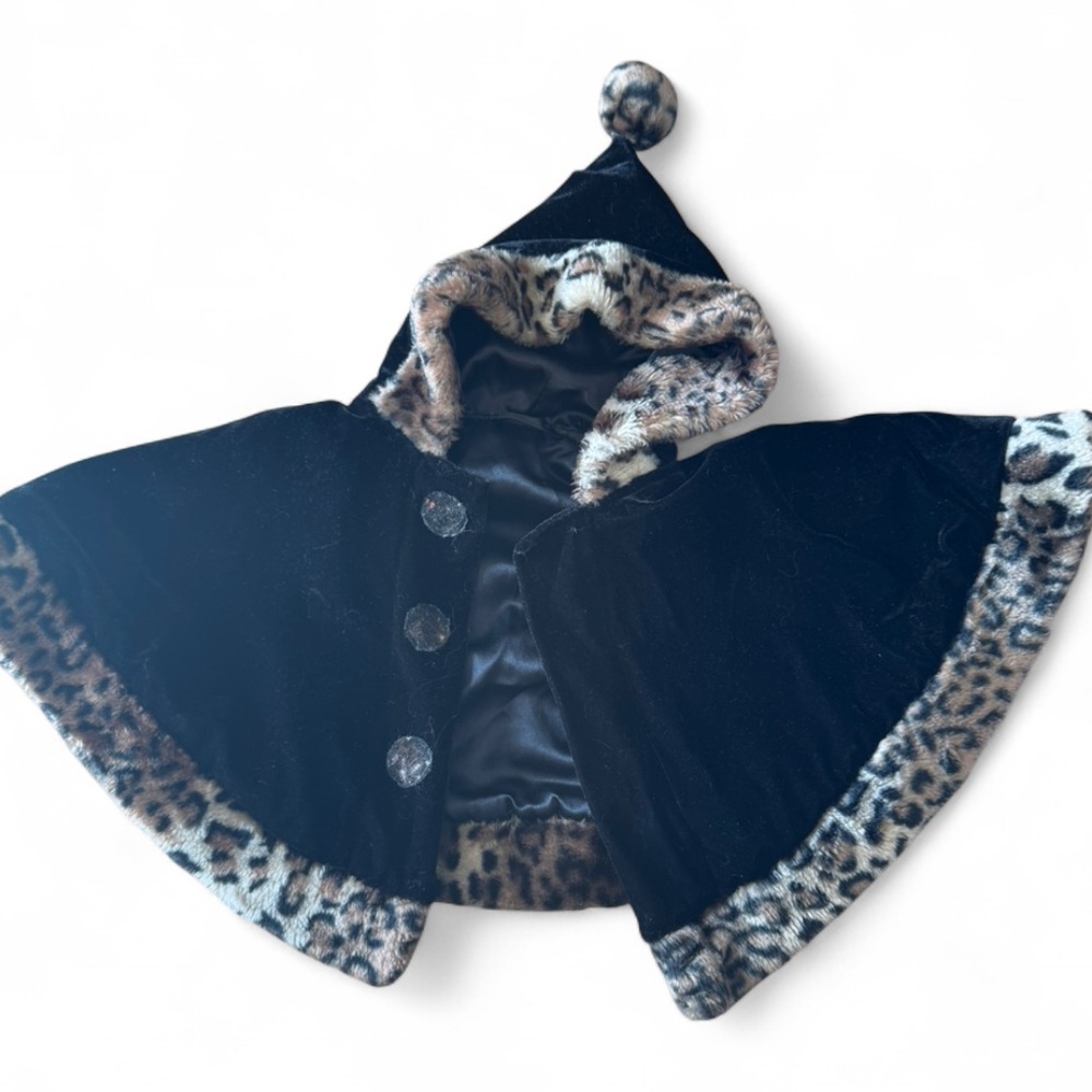 Kids Black Faux Leopard Trim Cape Coat